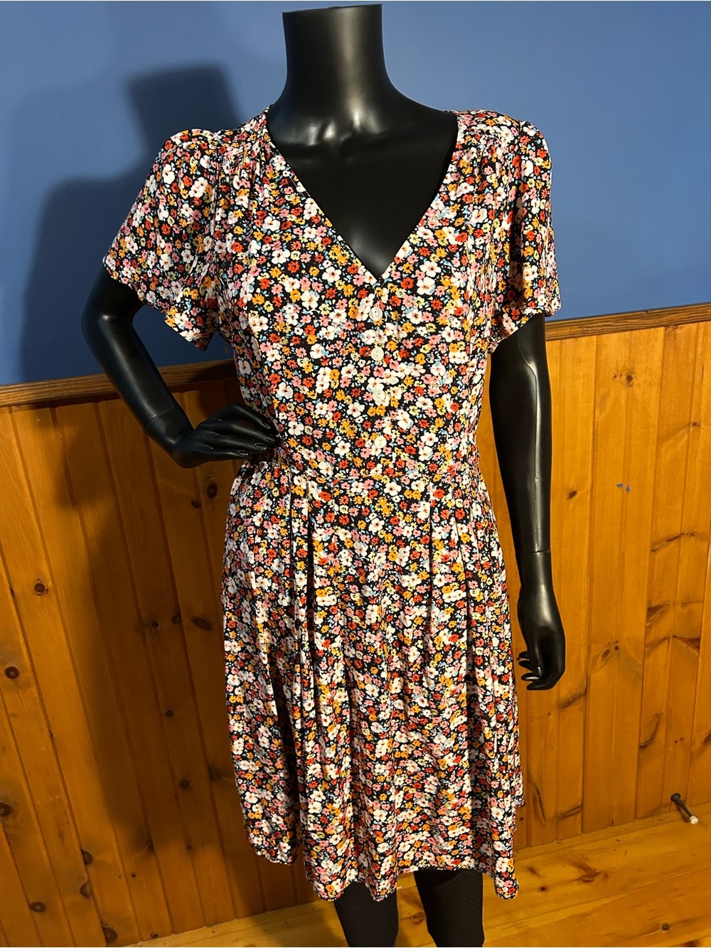 Floral V-Neck Midi Dress in Black with Pink, Orange and White Blossoms